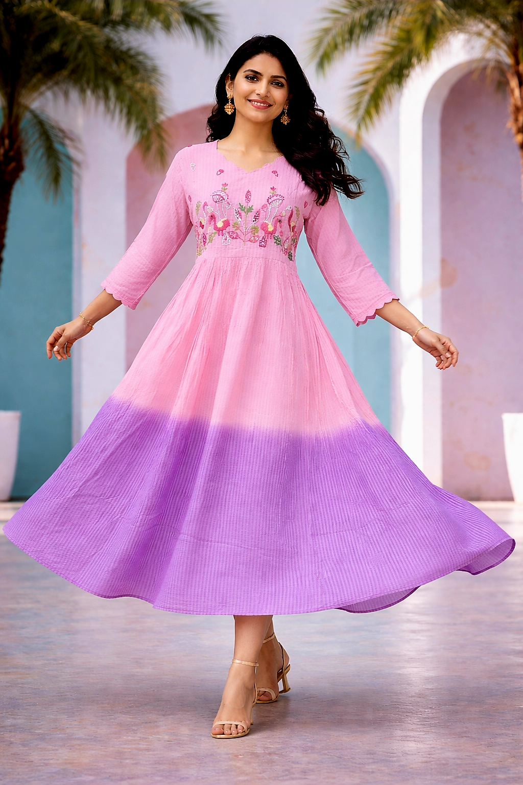 Pure Mulcotton dualshade Handwork Frock